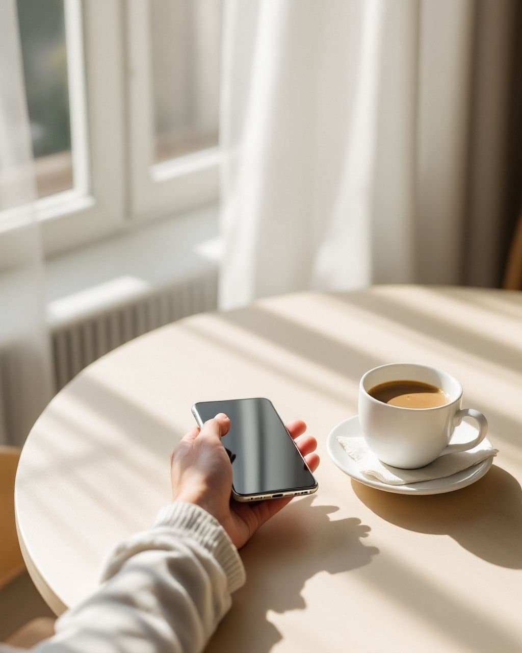 A hand holding a phone at a sunlit table, next to a cup of coffee
